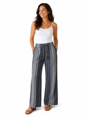 Appleseed's Petites Navy White
Striped Linen Cotton Pull-On
Pants MPS